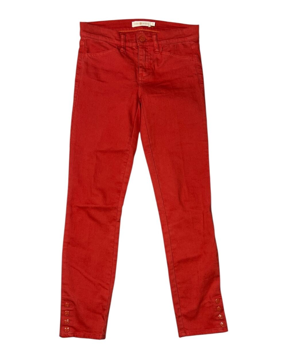 Tory Burch Emmy Jasper Red Snap Cuff Stretch Ankle Skinny Jeans Size 24